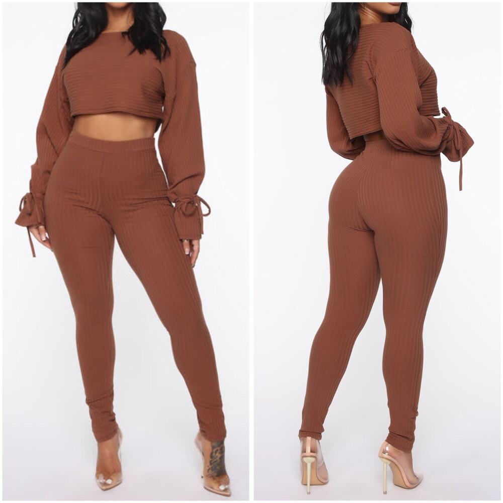 Fashion Nova Rest Up Ribbed Legging Long Sleeve Top Set Brown Small